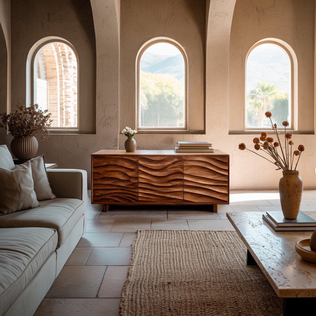 Modern Sideboard With Carved Wave Design Statement For Living Space