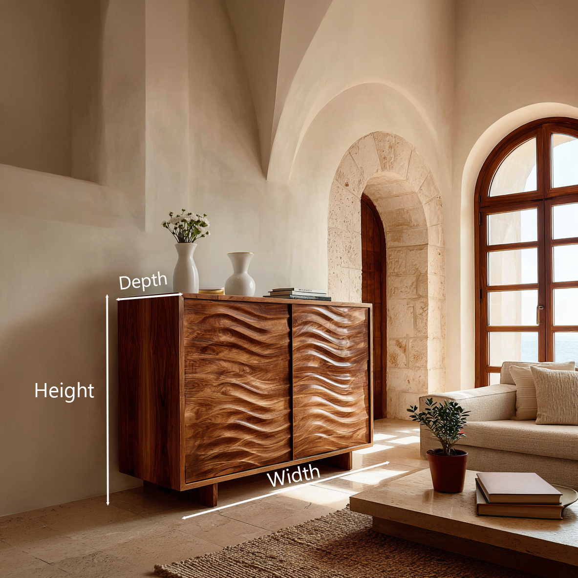 Modern Wooden Sideboard With Flowing Wave Doors For Living