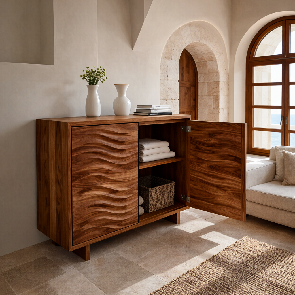 Modern Wooden Sideboard With Flowing Wave Doors For Living