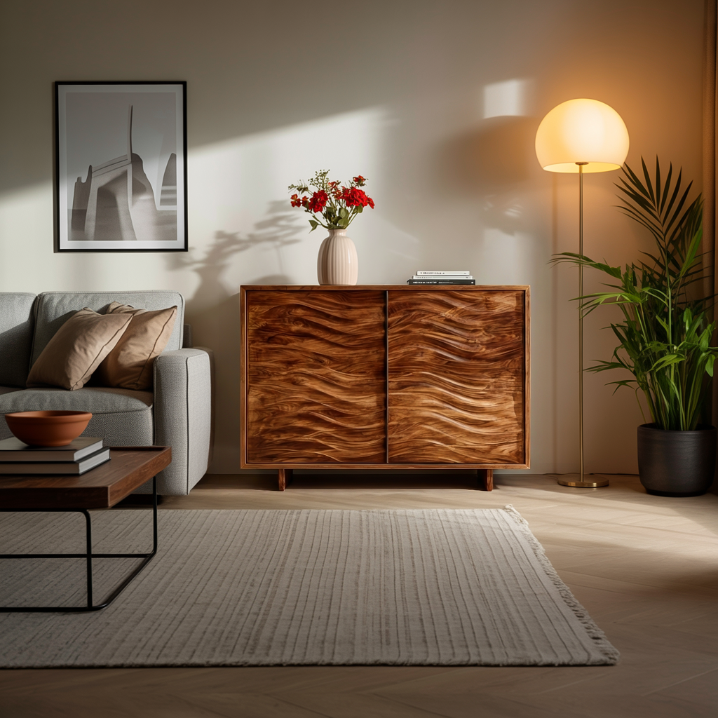 Modern Wooden Sideboard With Flowing Wave Doors For Living