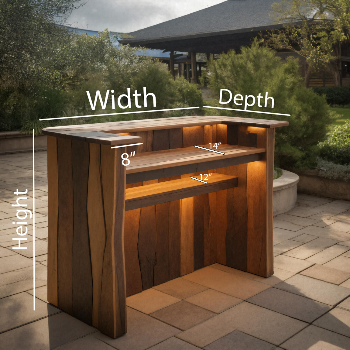 Rustic Live Edge Bar Counter With Lighting For Patio
