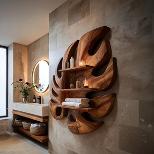 Contemporary Wooden Leaf Bathroom Shelf For Spa Decor