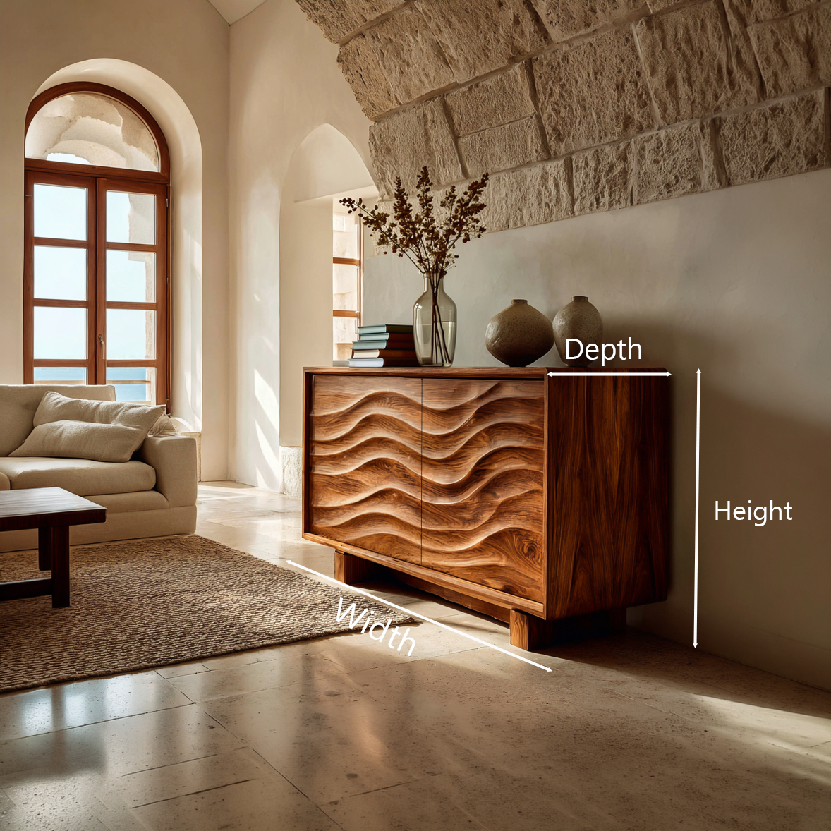 Wooden Sideboard 3D Wave Carving For Kitchen