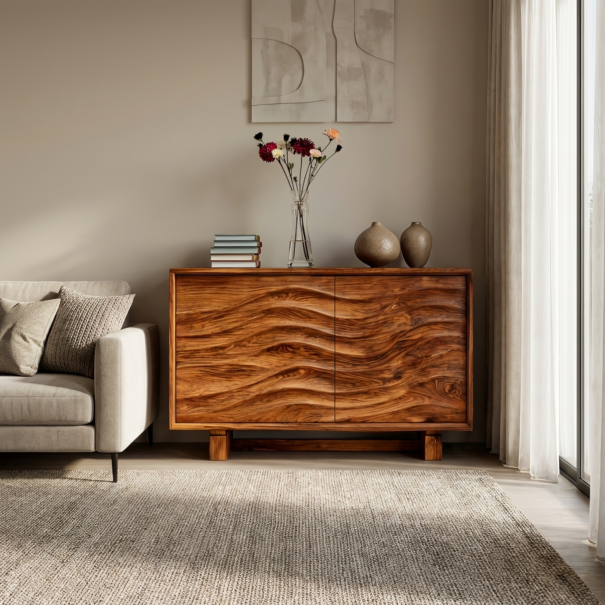 Wooden Sideboard 3D Wave Carving For Kitchen