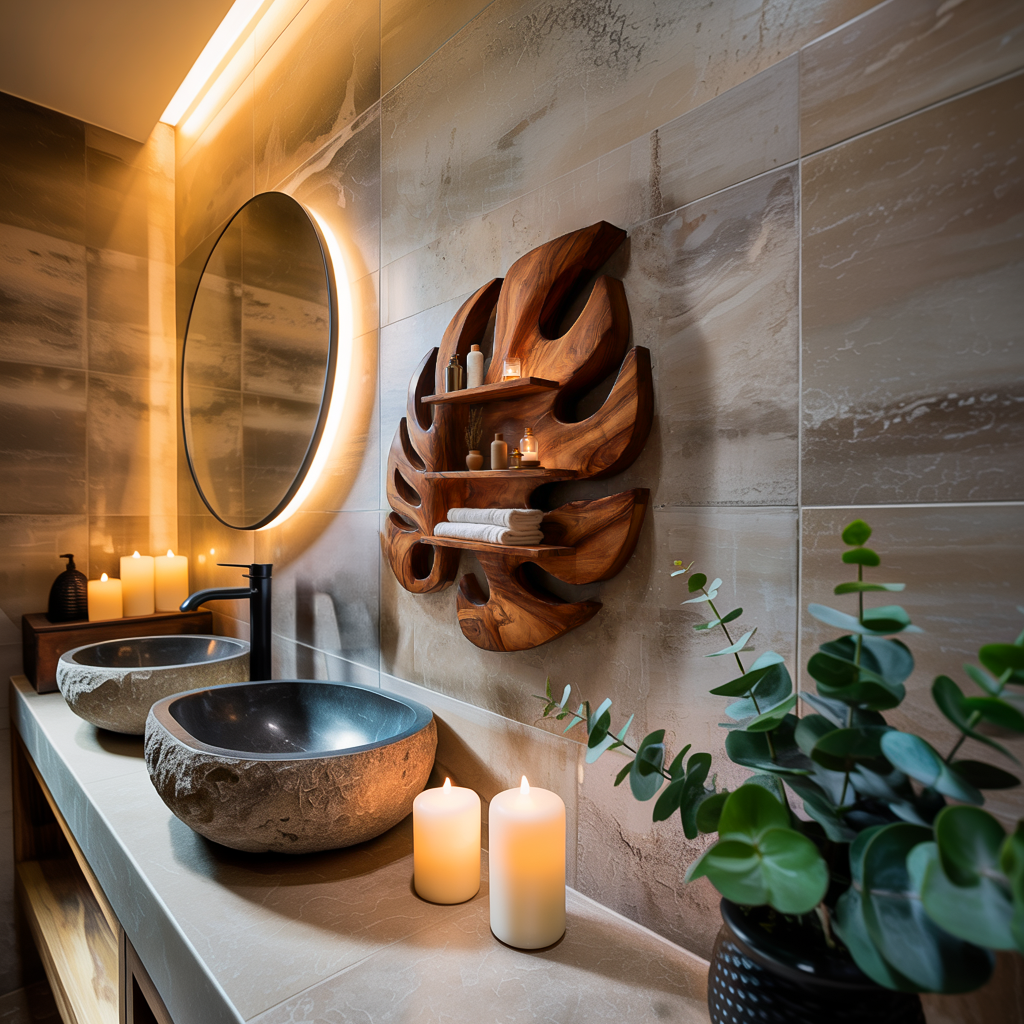 Contemporary Wooden Leaf Bathroom Shelf For Spa Decor
