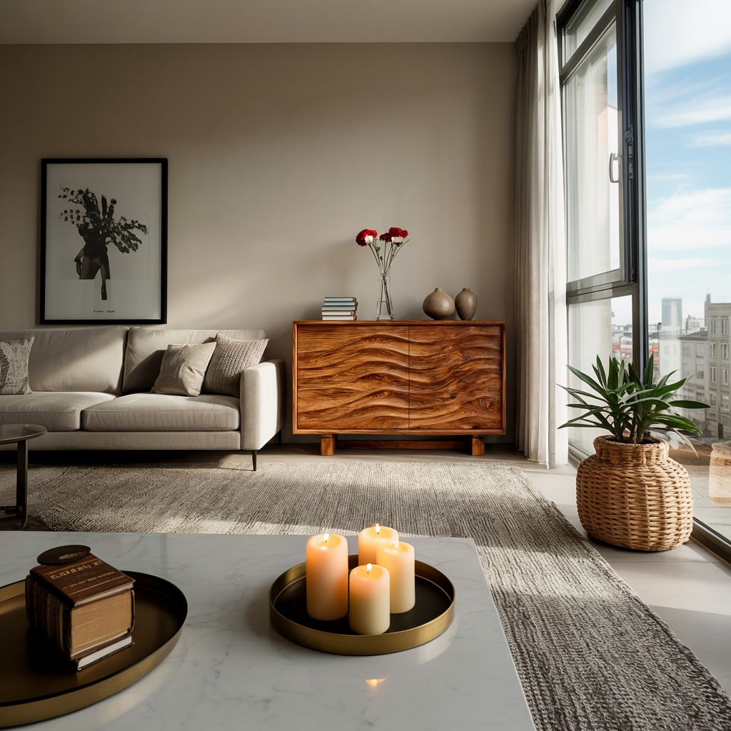 Wooden Sideboard 3D Wave Carving For Kitchen