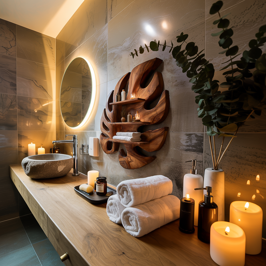Contemporary Wooden Leaf Bathroom Shelf For Spa Decor