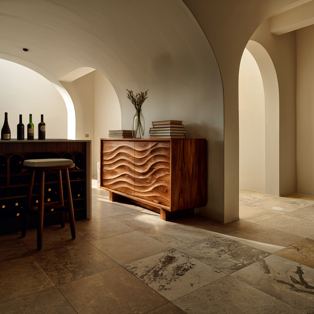 Wooden Sideboard 3D Wave Carving For Kitchen