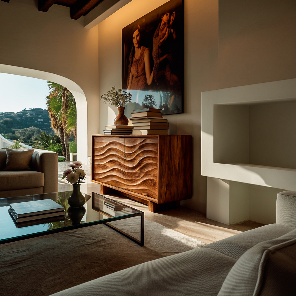 Wooden Sideboard 3D Wave Carving For Kitchen