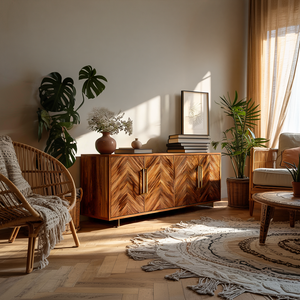 Sculptural Wood Sideboard With Layered Wave For Luxury Home