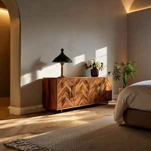 Sculptural Wood Sideboard With Layered Wave For Luxury Home