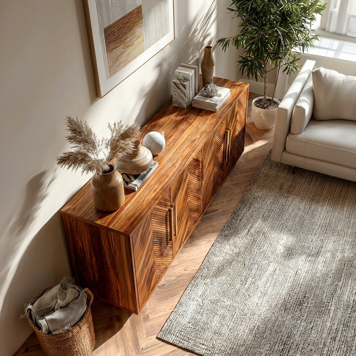 Sculptural Wood Sideboard With Layered Wave For Luxury Home