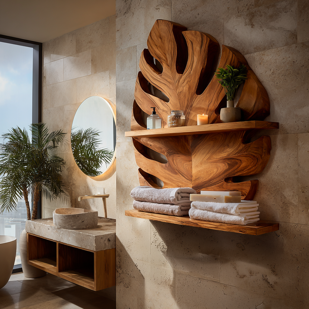 Modern Wood Leaf Wall Bathroom Shelf For Bathroom
