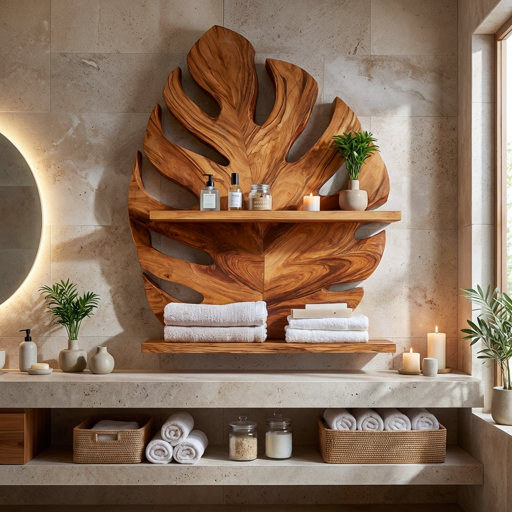 Modern Wood Leaf Wall Bathroom Shelf For Bathroom