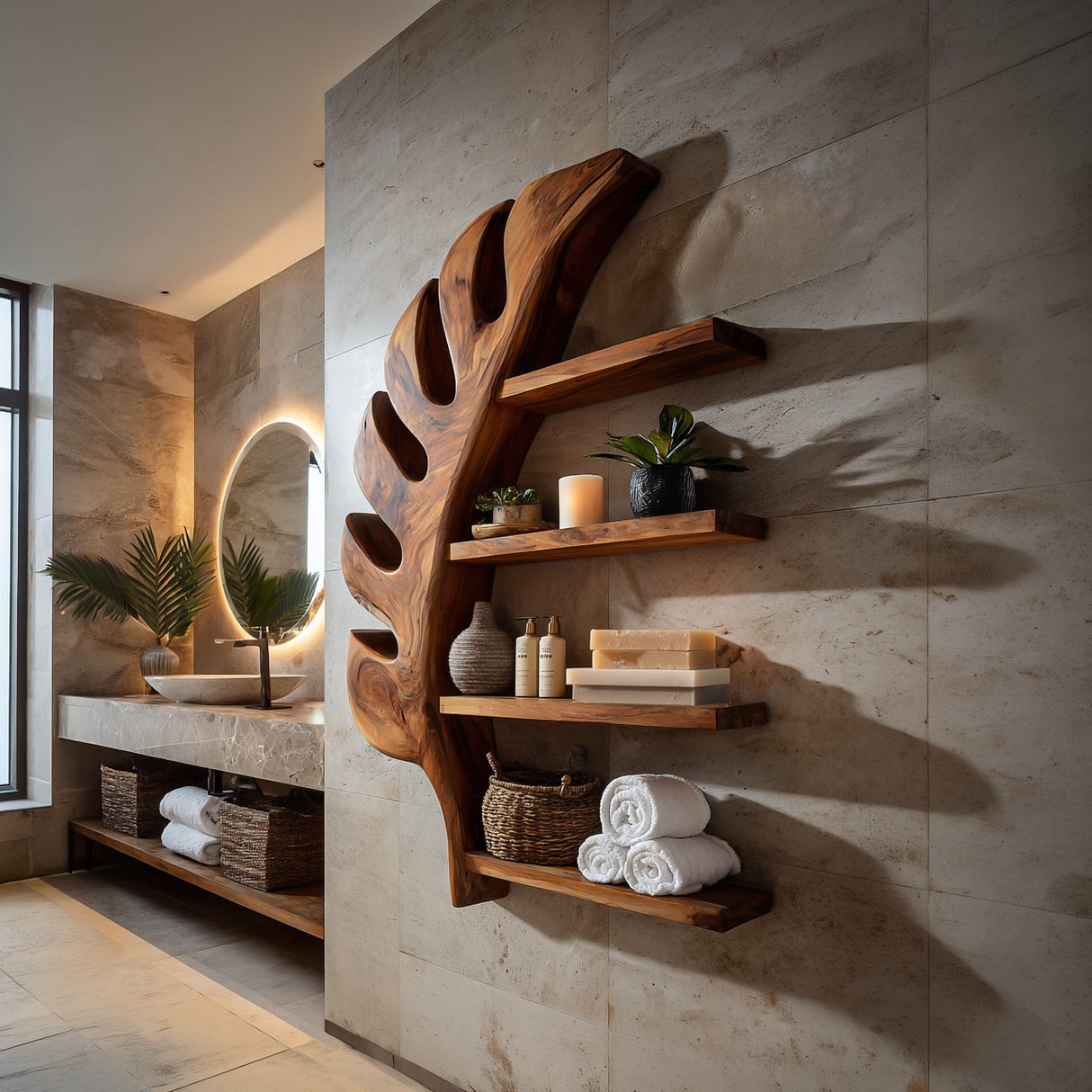 Tropical Wooden Leaf Wall Bathroom Shelf For Bathroom