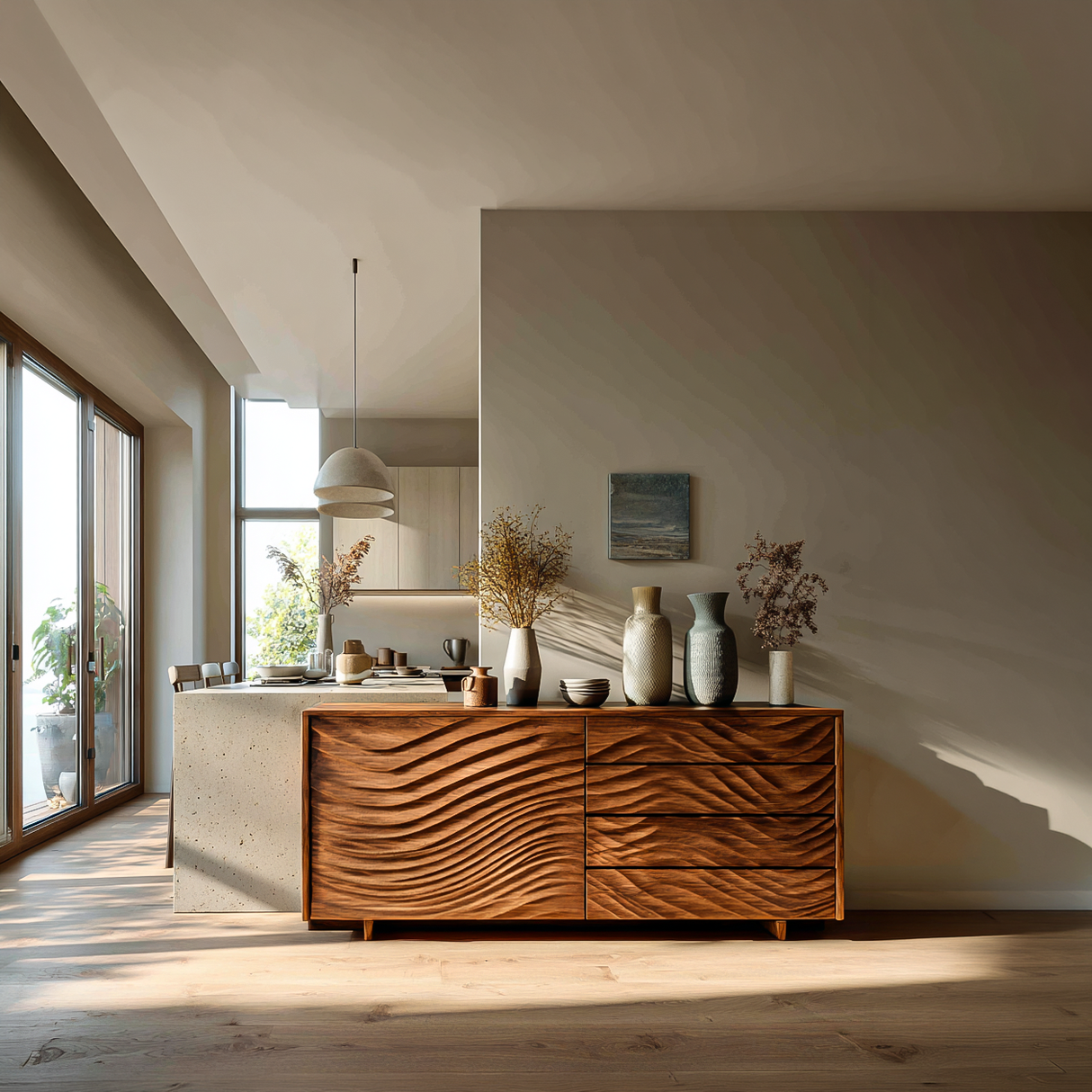 Wooden Sideboard With Sculpted Wave Doors For Modern Interior