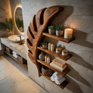 Tropical Wooden Leaf Wall Bathroom Shelf For Bathroom