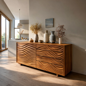 Wooden Sideboard With Sculpted Wave Doors For Modern Interior