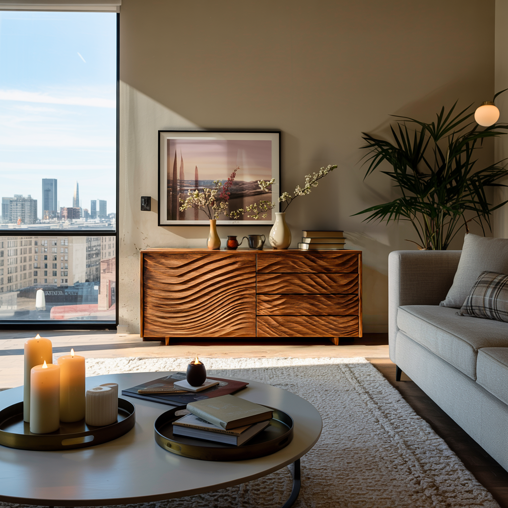 Wooden Sideboard With Sculpted Wave Doors For Modern Interior