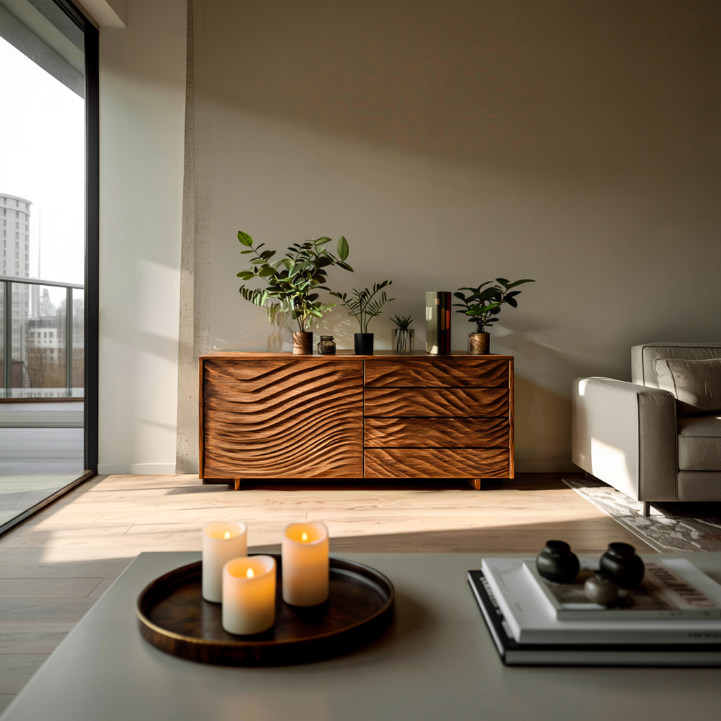 Wooden Sideboard With Sculpted Wave Doors For Modern Interior