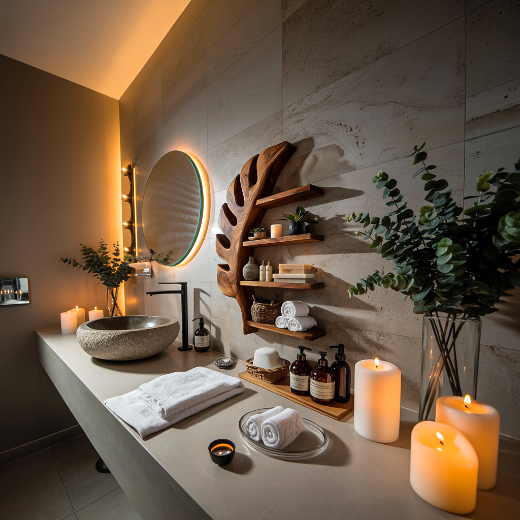 Tropical Wooden Leaf Wall Bathroom Shelf For Bathroom