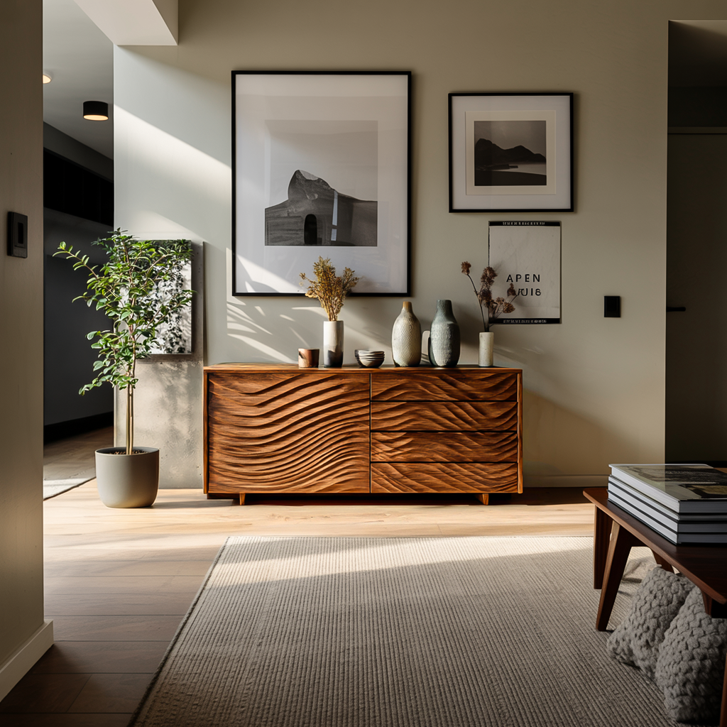 Wooden Sideboard With Sculpted Wave Doors For Modern Interior