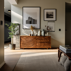 Wooden Sideboard With Sculpted Wave Doors For Modern Interior