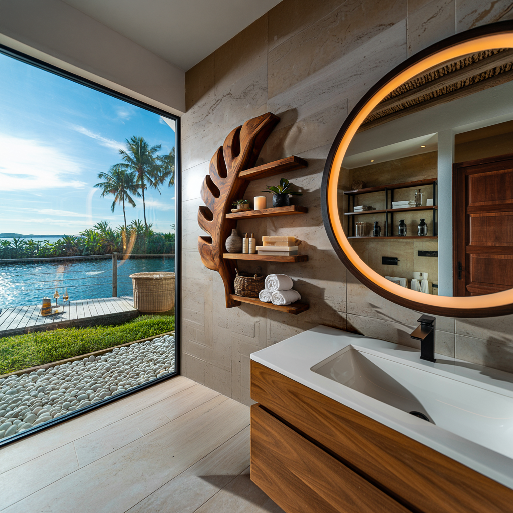Tropical Wooden Leaf Wall Bathroom Shelf For Bathroom