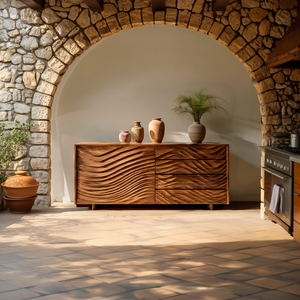Wooden Sideboard With Sculpted Wave Doors For Modern Interior