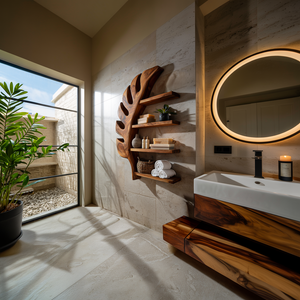 Tropical Wooden Leaf Wall Bathroom Shelf For Bathroom