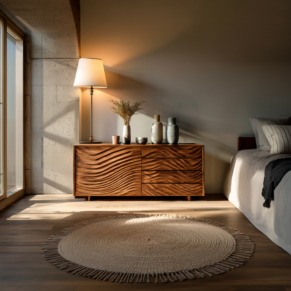 Wooden Sideboard With Sculpted Wave Doors For Modern Interior
