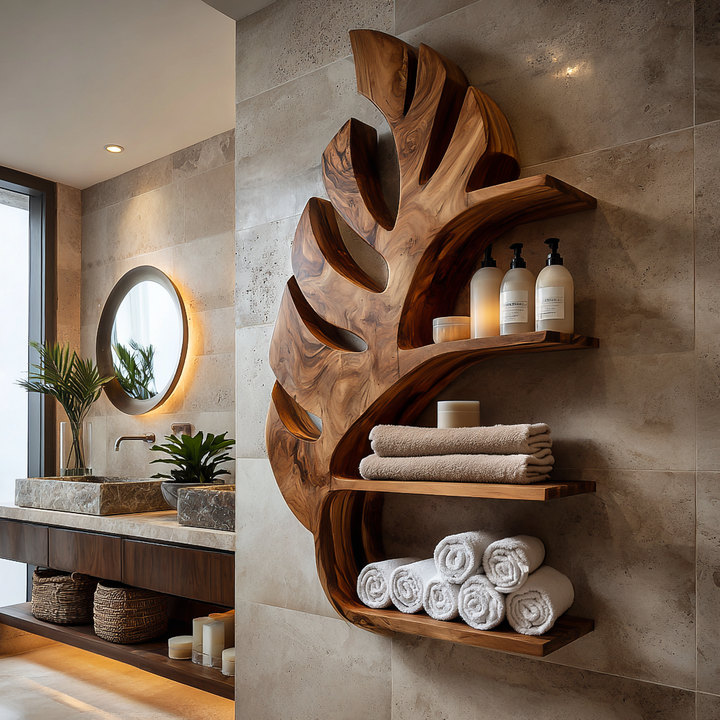 Organic Wooden Leaf Wall Mounted Bathroom Shelf For Spa