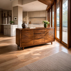 Modern Wood Sideboard With Wave Carving For Minimalist Home