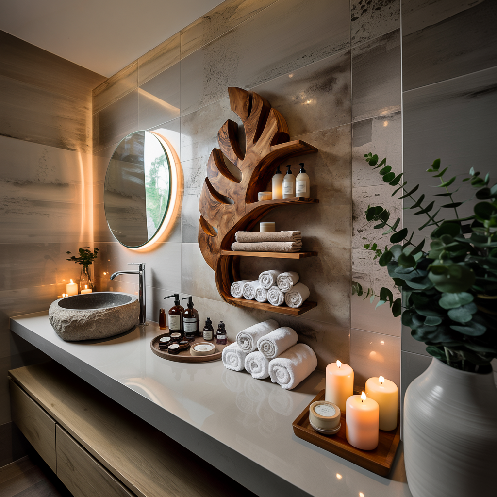 Organic Wooden Leaf Wall Mounted Bathroom Shelf For Spa