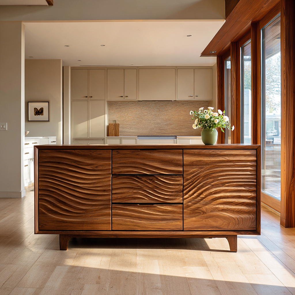 Modern Wood Sideboard With Wave Carving For Minimalist Home