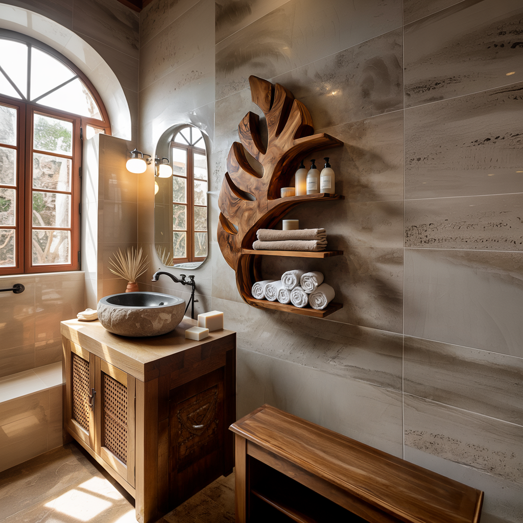 Organic Wooden Leaf Wall Mounted Bathroom Shelf For Spa