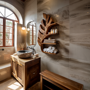 Organic Wooden Leaf Wall Mounted Bathroom Shelf For Spa