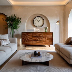 Modern Wood Sideboard With Wave Carving For Minimalist Home