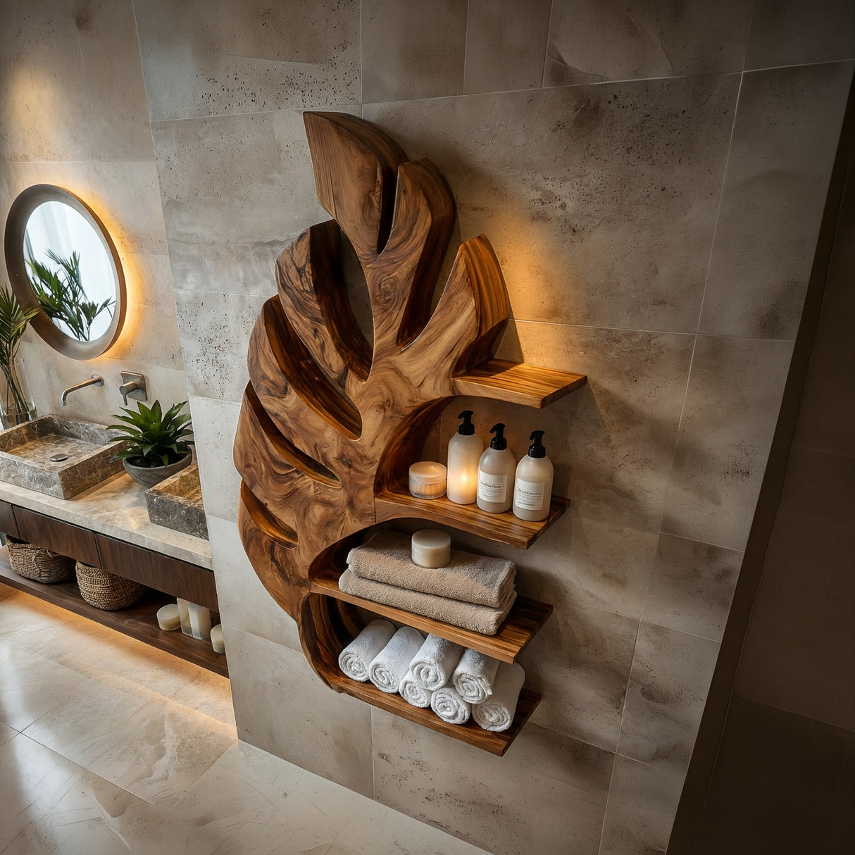Organic Wooden Leaf Wall Mounted Bathroom Shelf For Spa