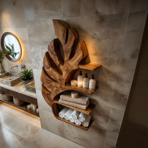 Organic Wooden Leaf Wall Mounted Bathroom Shelf For Spa