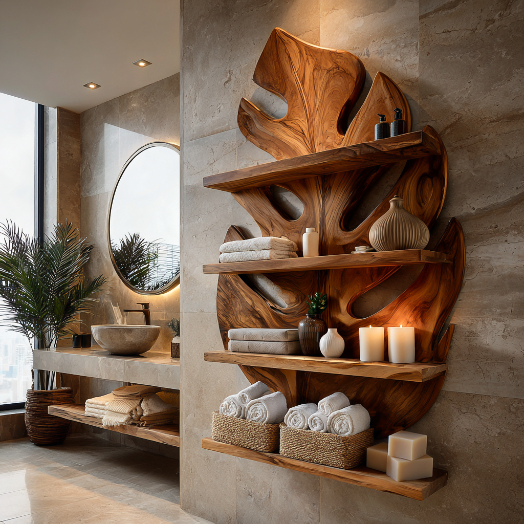 Contemporary Wooden Tropical Leaf Wall Shelf For Spa Decor