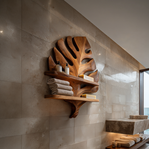 Organic Wooden Leaf Wall Shelf For Bathroom Spa Decor