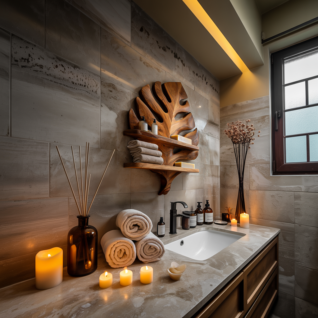 Organic Wooden Leaf Wall Shelf For Bathroom Spa Decor
