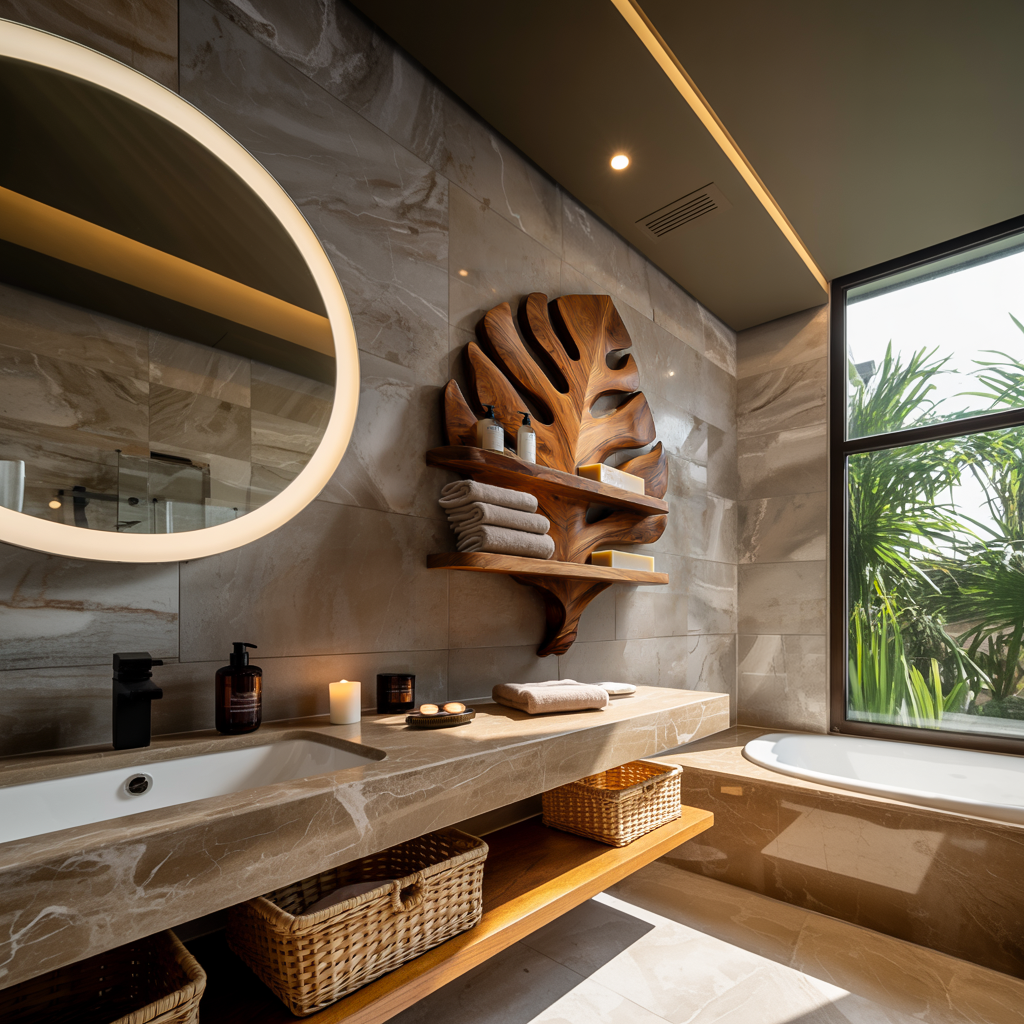 Organic Wooden Leaf Wall Shelf For Bathroom Spa Decor