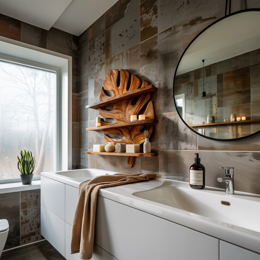 Sculpted Wooden Leaf Bathroom Shelf For Elegant Bathroom