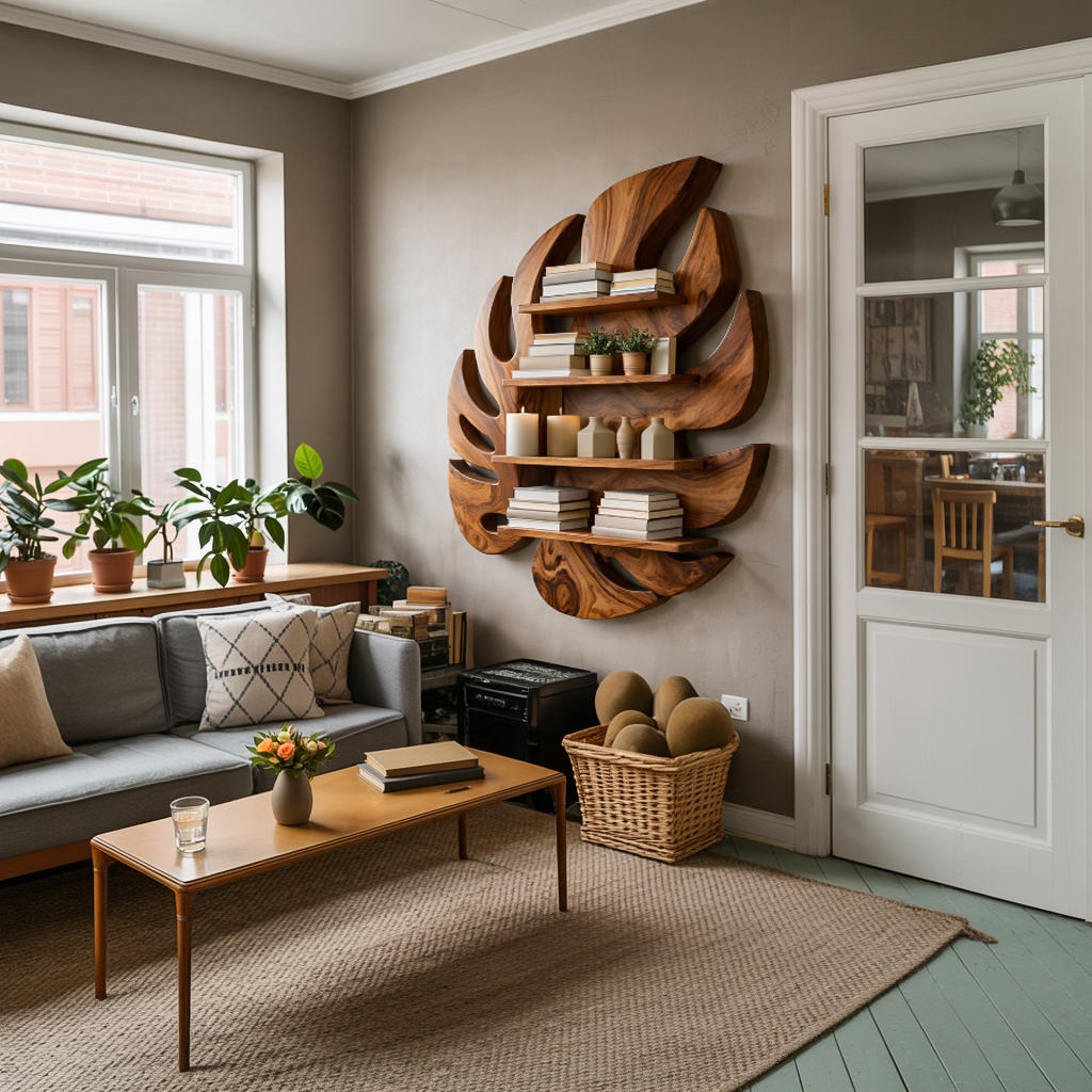 Modern Wooden Leaf Floating Bookshelf For Living Room