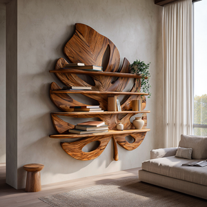 Artistic Wooden Tropical Leaf Wall Mounted Bookshelf For Home Decor