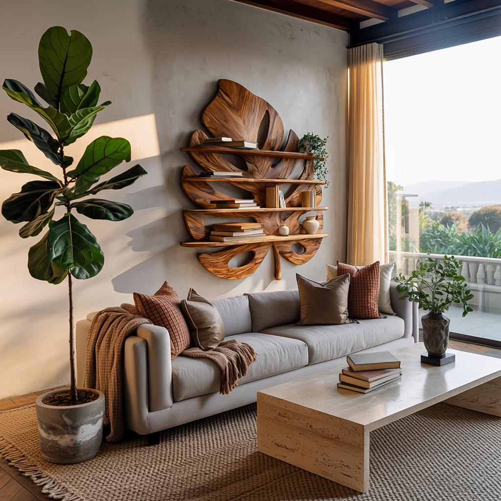 Artistic Wooden Tropical Leaf Wall Mounted Bookshelf For Home Decor