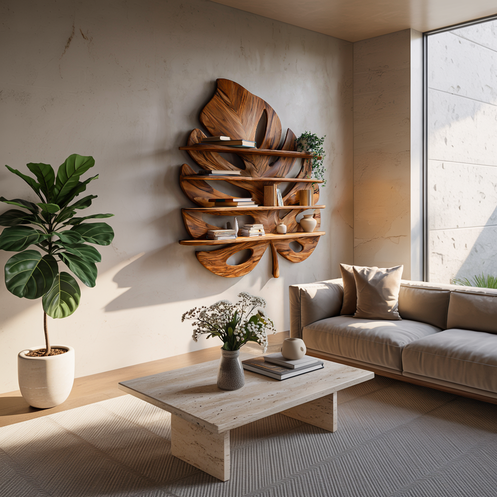 Artistic Wooden Tropical Leaf Wall Mounted Bookshelf For Home Decor