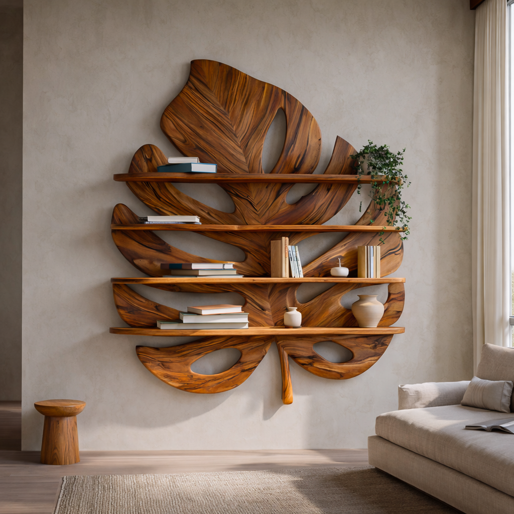 Artistic Wooden Tropical Leaf Wall Mounted Bookshelf For Home Decor